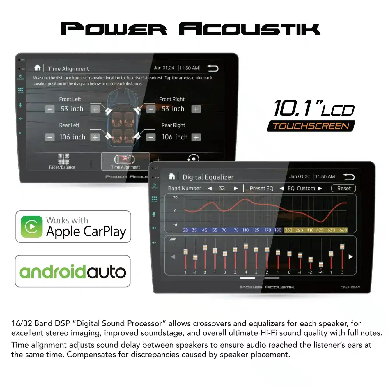 Power Acoustik CPAA‑10MW 10.6″ Floating Touchscreen Head Unit | Wireless CarPlay® & Android Auto™ | Mechless 2-DIN Stereo - Image 6