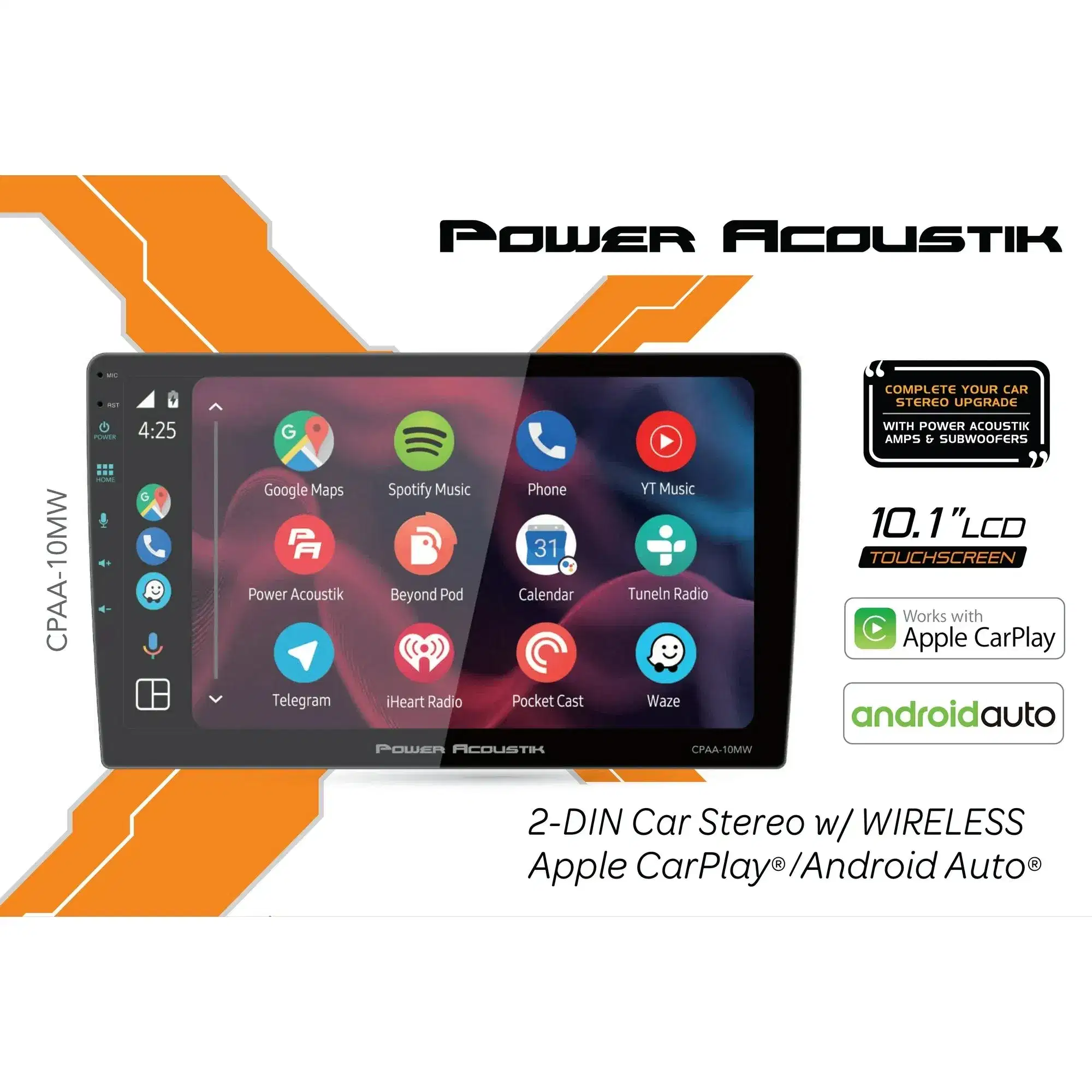 Power Acoustik CPAA‑10MW 10.6″ Floating Touchscreen Head Unit | Wireless CarPlay® & Android Auto™ | Mechless 2-DIN Stereo - Image 7